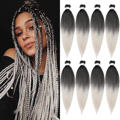 Picture of ShowCoco 8 Packs Pre-stretched Braiding Hair 26" Ombre Braiding Hair Hot Water Setting Synthetic Fiber Crochet Braiding Hair Ombre Black to Gray (26Inch,#1B/Silver)