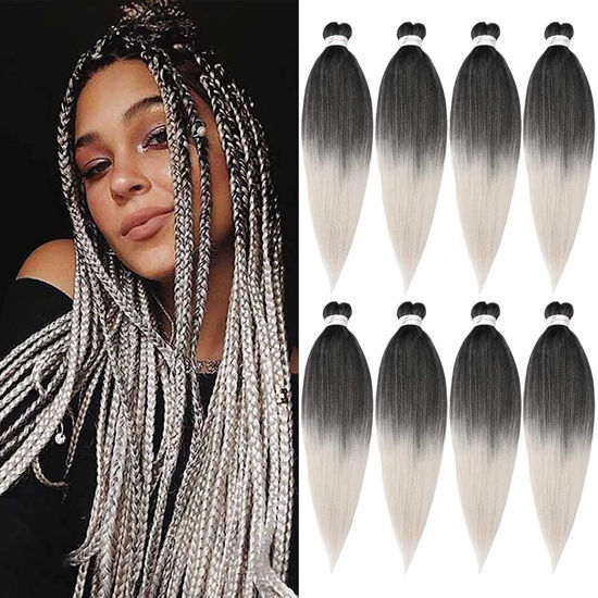 Picture of ShowCoco 8 Packs Pre-stretched Braiding Hair 26" Ombre Braiding Hair Hot Water Setting Synthetic Fiber Crochet Braiding Hair Ombre Black to Gray (26Inch,#1B/Silver)