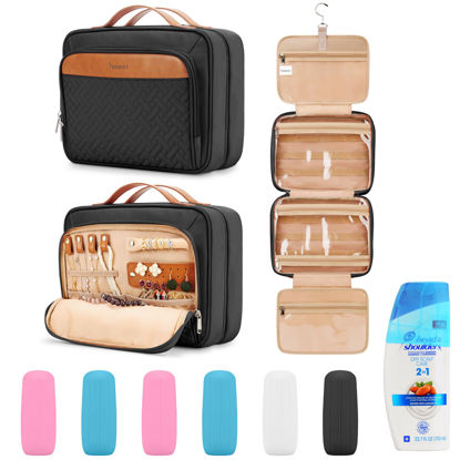 Picture of Travel Hanging Toiletry Bag for Women, Large Makeup Bag 8 Leak Proofing Silicone Bottle Covers, Waterproof Cosmetic Bag with Jewelry Organizer Compartment, Toiletries Kit Set, Black