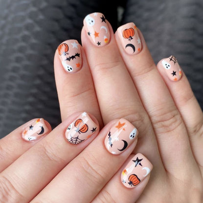 Picture of Halloween Press on Nails Short Square Fake Nails with Pumpkin Spider Web Bat Designs Glossy Glue on Nails Ghost Acrylic Nails Nude Artificial Halloween Stick on Nails for Women 24Pcs