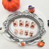 Picture of Halloween Press on Nails Short Square Fake Nails with Pumpkin Spider Web Bat Designs Glossy Glue on Nails Ghost Acrylic Nails Nude Artificial Halloween Stick on Nails for Women 24Pcs