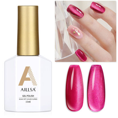 Picture of AILLSA Cat Eye Gel Nail Polish Hot Pink Crystal Glitter Gel Polish with Magnet, Purple Shimmer Sparkle Gel Nail Polish Glass Reflective Translucent Jelly Color U V Gel Salon DIY at Home 0.5 OZ GF28