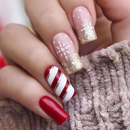 Picture of Christmas Press on Nails Medium Snowflake Fake Nails Red and White Stripes Design Winter Xmas False Nails with Glue on Nails Reusable Artificial Nails Stick on Nails for Women DIY Manicure Decoration