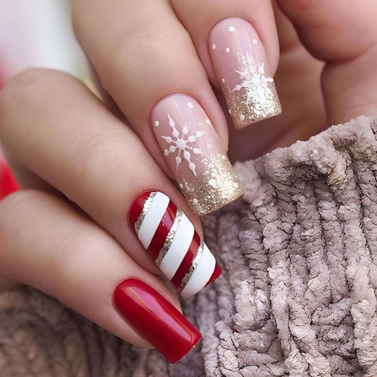 Picture of Christmas Press on Nails Medium Snowflake Fake Nails Red and White Stripes Design Winter Xmas False Nails with Glue on Nails Reusable Artificial Nails Stick on Nails for Women DIY Manicure Decoration