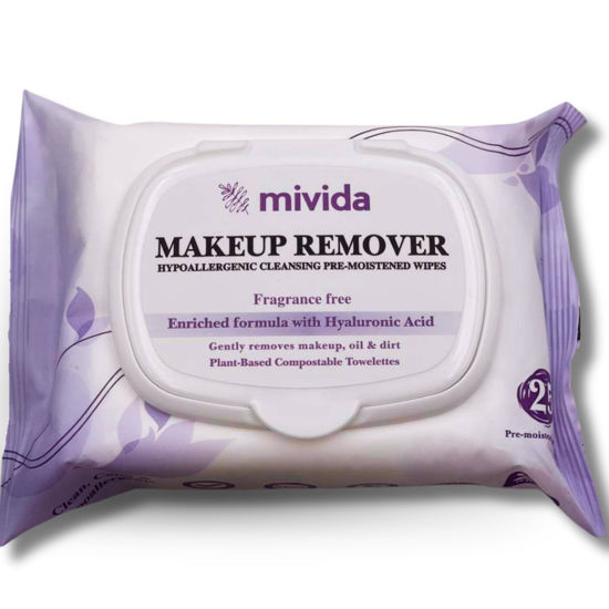 Picture of mivida Hypoallergenic Makeup Remover Wipes | Biodegradable Facial Cleansing Makeup Remover Face Wipes with Hyaluronic Acid | Fragrance Free,Alchohol Free wipes | 25 Count