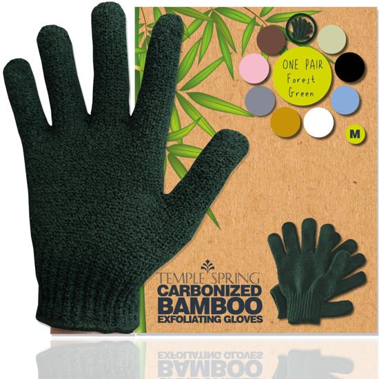 Picture of Temple Spring Exfoliating Gloves - Rayon Bamboo Bath/Shower Gloves, Bath Gloves for Shower Exfoliating and Ingrown Hair/Dead Skin Remover - Exfoliator Mitt Scrub Gloves - Forest Green