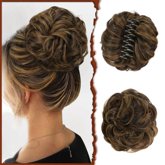 Picture of SOFEIYAN Claw Clip Messy Bun Hair Piece Wavy Curly Hair Bun Clip in Claw Chignon Ponytail Hairpieces Synthetic Tousled Updo Hair Extensions Scrunchie Hairpiece for Women, Dark Brown/Golden Auburn