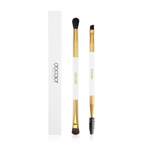 Picture of Docolor Duo Eyebrow Brush with Eyeshadow Brush, 2 Pieces Professional Angled Eye Brow Brush and Spoolie Brush with Eye Shadow Brush and Blending Brush (White & Golden)