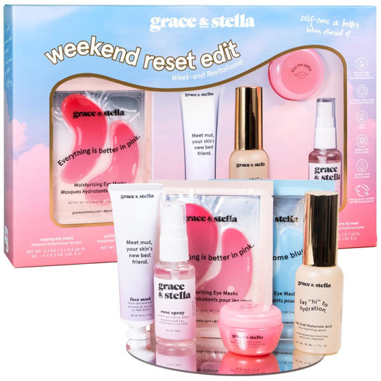 Picture of grace & stella Award Winning Weekend Reset Valentines Day Gifts - Birthday Gifts for Women with Eye Masks, Hyaluronic Acid Serum, Mud Mask & More, Bridesmaid Proposal Gifts - Vegan Skincare, Self Care