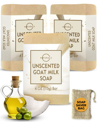 Picture of O Naturals 3-Pcs Goat Milk Soap with Soap Saver Bag - Unscented, Triple-Milled, Nourishing, for Sensitive Skin
