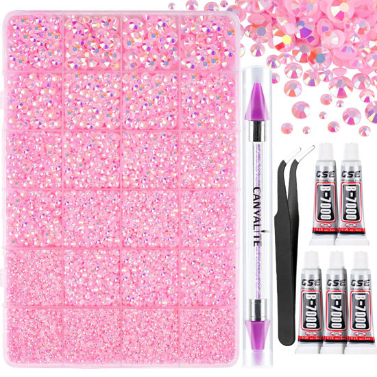 Picture of Canvalite 28000PCS Resin Jelly Rhinestones for Crafting, Pink AB Flatback Gems, Bedazzling Crystal with 5x2.5g B7000 Jewelry Glue and Tweezers Dotting pen for DIY Crafts Clothing Shoes Nail Art