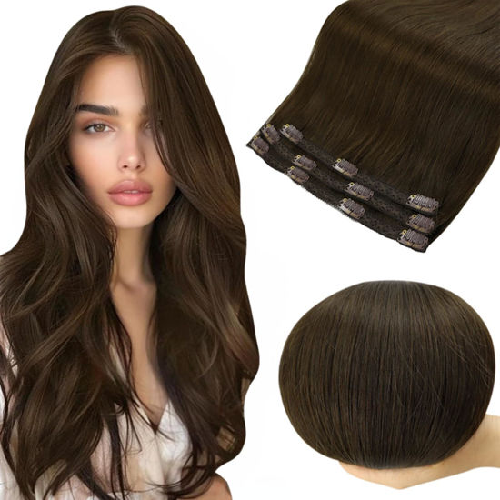 Picture of Full Shine Human Hair Clip in Extensions Dark Brown Hair Extensions Clip in Brown Invisible Clip in Hair Extensions Human Hair Natural Remy Hair Extensions 12 Inch 3 Pcs 60 g
