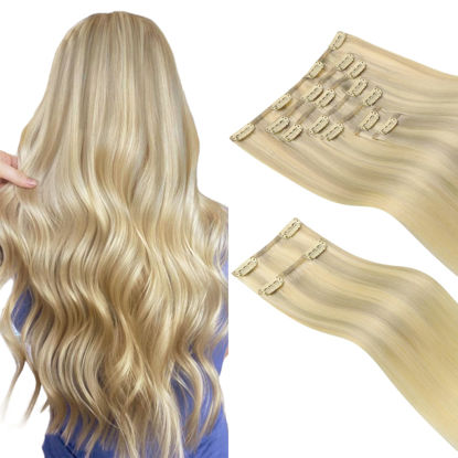Picture of HOTBANANA Clip in Hair Extensions Real Human Hair 140g 9pcs 22 inch Ash Blonde to Golden Blonde and Platinum Blonde Clip in Human Hair Extensions Straight Remy Hair Extensions Full Head