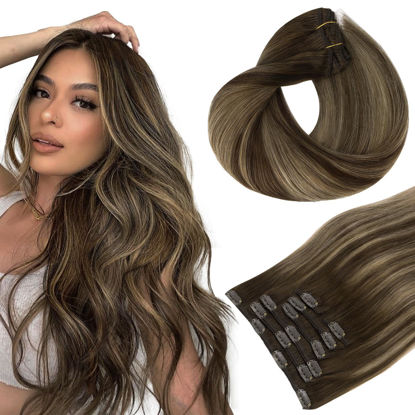 Picture of HOTBANANA Human Hair Clip in Hair Extensions, Balayage Chocolate Brown with Honey Blonde 120g Clip in Hair Extensions Real Human Hair Straight Remy Hair Clip Ins Dark Roots Ombre 24 Inch 7pcs