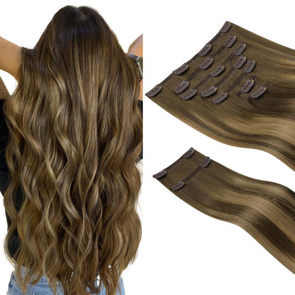 Picture of HOTBANANA Clip in Hair Extensions Real Human Hair 140g 9pcs 20 inch Balayage Chocolate Brown to Caramel Blonde Clip in Human Hair Extensions Straight Remy Hair Extensions Full Head