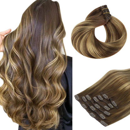 Picture of HOTBANANA Human Hair Clip in Hair Extensions, Balayage Chocolate Brown Mixed Caramel Blonde 120g Clip in Hair Extensions Real Human Hair Straight Remy Hair Clip Ins Dark Roots Ombre 24 Inch 7pcs