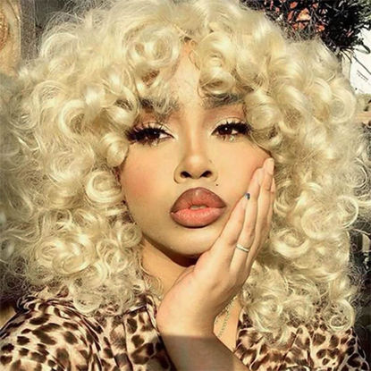 Picture of andromeda Blonde Curly Wigs for Black Women Soft Short Loose Curly Wig wiht Bangs Synthetic Kinky Curls Hair Wigs Curly African American Costume Cosplay Wigs (Blonde)