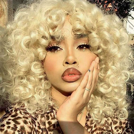 Picture of andromeda Blonde Curly Wigs for Black Women Soft Short Loose Curly Wig wiht Bangs Synthetic Kinky Curls Hair Wigs Curly African American Costume Cosplay Wigs (Blonde)