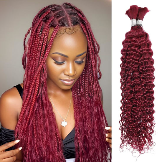 Picture of 100g 22 Inch Human Braiding Hair 99J Red Deep Wave Bulk Human Hair for Braiding No Weft 12A Brazilian Virgin Curly Human Hair Extensions for Boho Braids Wet and Wavy Burgundy Braiding Hair