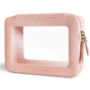 Picture of Aveniee Clear Makeup Bag Organizer, Portable Travel Toiletry Cosmetic Bag Case for Women, Heavy Duty Vegan Leather Make Up Pouch with Transparent Vinyl Windows & Gold Zippers(Pink)