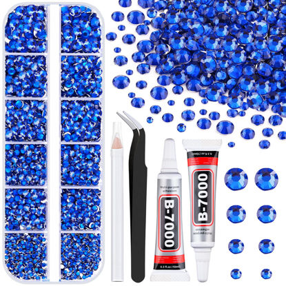 Picture of 6100Pcs Royal Blue Rhinestones for Crafting with 2Pcs 10ml B7000 Jewelry Glue, 1 Box Flatback Crystals Diomand for Bedazzling Crafts DIY Nail Art Makeup，Resin Gems for Clothing Shoes