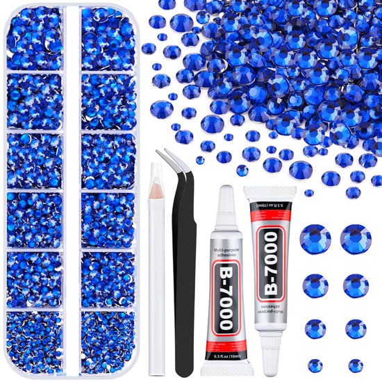 Picture of 6100Pcs Royal Blue Rhinestones for Crafting with 2Pcs 10ml B7000 Jewelry Glue, 1 Box Flatback Crystals Diomand for Bedazzling Crafts DIY Nail Art Makeup，Resin Gems for Clothing Shoes