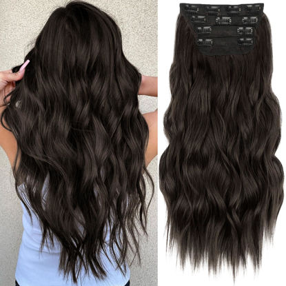 Picture of KooKaStyle Clip in Synthetic Hair Extensions Long Wavy 4PCS Thick Hairpieces Dark Brown 6# Fiber Double Weft Natural Hair Extensions 24 Inch for Women
