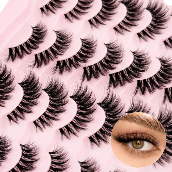 Picture of Cat Eye Lashes Yasnai False Eyelashes Volume Thick Lashes 16mm Wispy Cat Eye Fake Lashes Natural Eyelashes 14 Pairs Pack