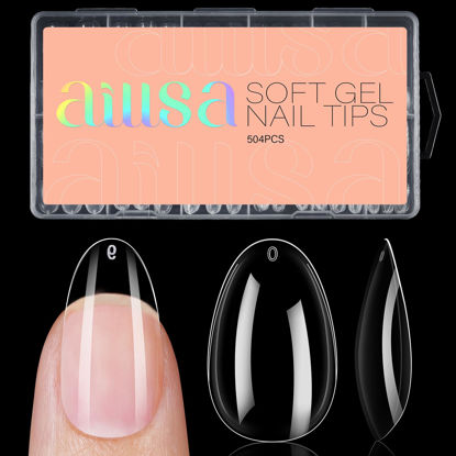 Picture of AILLSA Short Almond Nails 504PCS Clear Soft Gel Nail Tips Press on False Nail Tips Full Cover Fake Gelly Nail Tips for Nail Extension DIY Home Salon Gift, 10 Sizes Preshaped Nail Tips