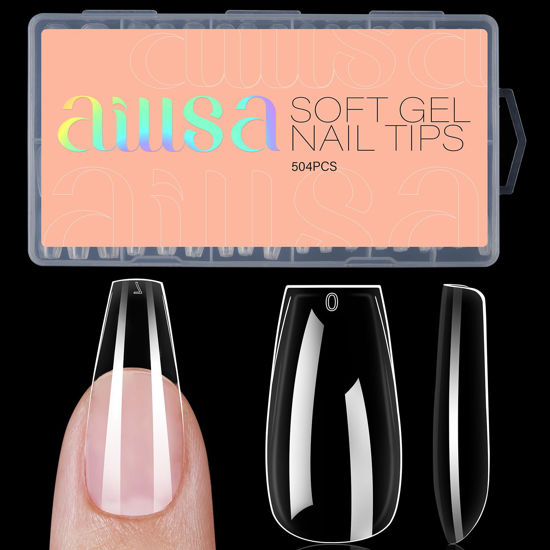 Picture of AILLSA Coffin Nails Tips 504PCS Clear Full Cover Nails Medium Soft Gel Fake Nail Tips for DIY Press on Nail Extension, False Acrylic Preshaped Nail Tips (12 Sizes)