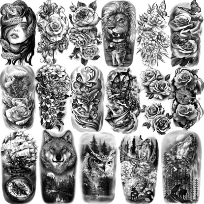 Picture of Yazhiji 77sheets Waterproof Temporary Tattoo for Girls or Boys Kids 17sheets Larger Half Arm Lion Wolf Owl Elk Snake Butterfly Rose Fake Tattoos for Men or Women And 60 sheets Tiny Tattoo Sticker