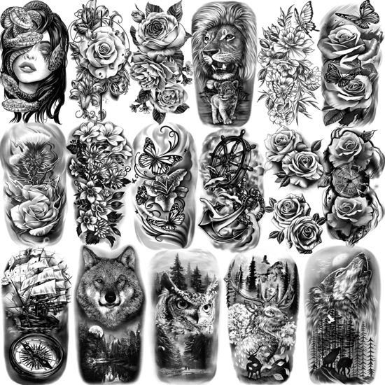 Picture of Yazhiji 77sheets Waterproof Temporary Tattoo for Girls or Boys Kids 17sheets Larger Half Arm Lion Wolf Owl Elk Snake Butterfly Rose Fake Tattoos for Men or Women And 60 sheets Tiny Tattoo Sticker
