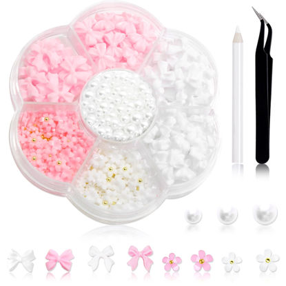 Picture of 600Pcs Bow Nail Charms and Flatback Pearls,White Pink Bowknot 3D Cute Nail Charms Acrylic Flower for Nail Supplies Design,White Half Pearls for Nail Decoration DIY Crafts Y2K Nail Art Accessories