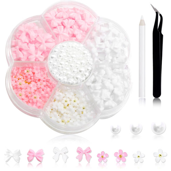 Picture of 600Pcs Bow Nail Charms and Flatback Pearls,White Pink Bowknot 3D Cute Nail Charms Acrylic Flower for Nail Supplies Design,White Half Pearls for Nail Decoration DIY Crafts Y2K Nail Art Accessories