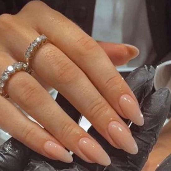 Picture of YOSOMMK Nude Press on Nails Almond Shaped Fake Nails Medium Glossy Stick on Nails Natural Full Cover False Nails Acrylic Glue on Nails for Women