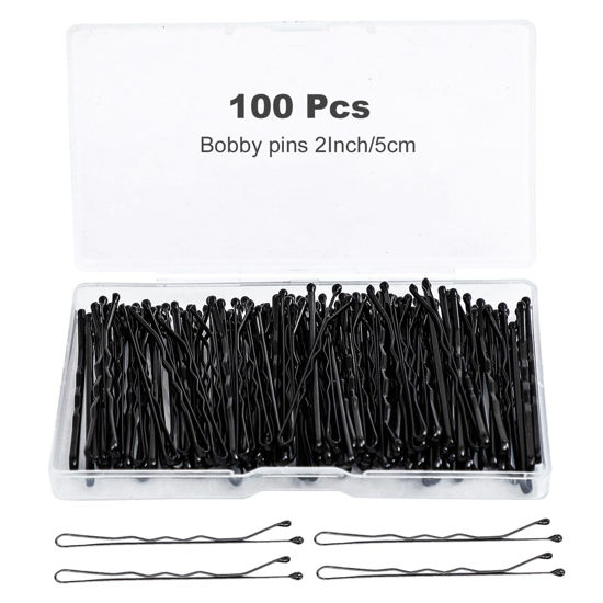 Picture of 100Pcs Bobby Pins Black Hair Pins Kit for Women Girls Kids Premium Wavy Black Bobby Pins Hair Clips with Storage Box,Suitable for All Hair Types (Black, 2inch)