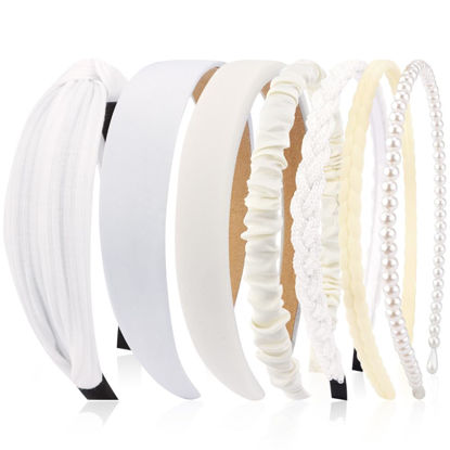 Picture of AHONEY 7 Pack White Headbands for Women Girls Headband Non Slip Hairbands Cute Hair Accessories Multi-style Headband Pack Wedding Head Band (White)