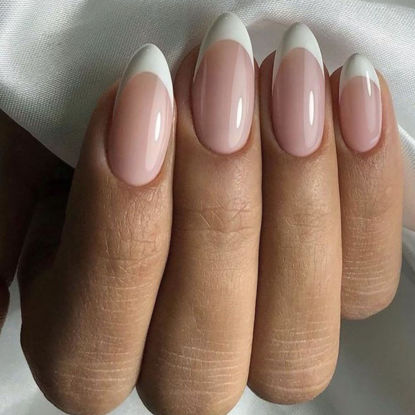 Picture of Modelones Short Press on Nails Almond French Nails with Nail Glue Press On Nails Reusable Manicure Fake Nails Glue on Nails Set Adhesive Tabs Nail File for Women 15 Sizes 30Pcs
