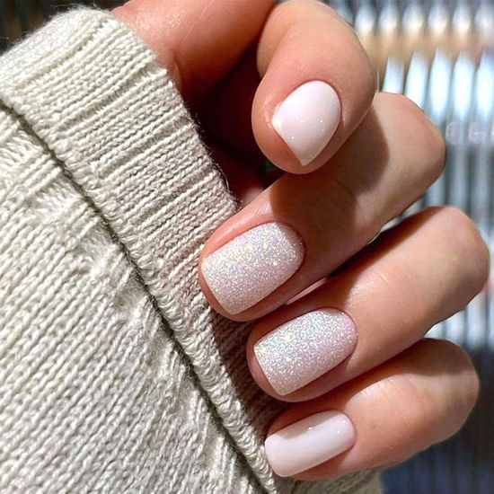 Picture of Short Press on Nails Square Fake Nails Light Pink Full Cover Acrylic Nails Press ons Silver Glitter Glue on Nails Glossy False Nails Artificial Stick on Nails for Women 24Pcs