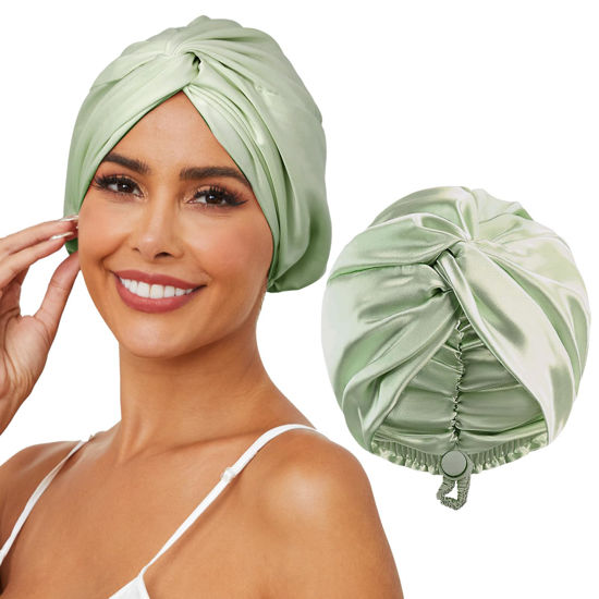 Picture of HFRHTGY Adjustable Silk Satin Hair Bonnet for Sleeping, Double Layer Hair Wrap Sleep Cap Turban for Women Men, Curly Straight Hair Long Large Braid Unisex (Royal Green)