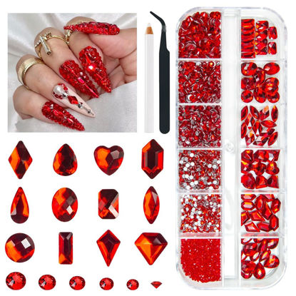 Picture of qiipii 2052Pcs Red Nail Art Rhinestones Multi Shapes Crystal Flatback Rhinestones Gems Siam Red Round Beads K9 Glass Stones Diamonds Jewels Nail Art Supplies Charms for Nails Faces Eyes Makeup Crafts