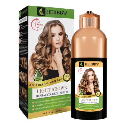 Picture of HERBBY Hair Color Shampoo for Gray Hair Coverage&Color Transform with 9 Herbal Extracts -Long Lasting (6-8 Weeks), Shiny,Evenly Colored,Instant Hair Dye Shampoo&Conditioner, 500 Ml (LIGHT BROWN COLOR)