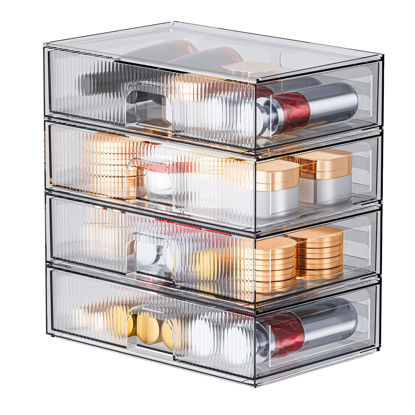 Picture of ZHIAI Stackable Storage Drawer, 4 Piece Acrylic Organiser for Cosmetics and Beauty Products, Suitable for Dressers, Bathrooms, Cabinets, Storage Rooms, Bedrooms and Home Organisers