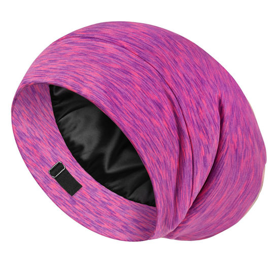 Picture of LULUSILK 100% Mulberry Silk Lined Sleep Cap Silk Bonnet for Sleeping, No More Frizzy Tangled Hair, Stay On All Night Adjustable Silk Hair Wrap for Sleeping, Hot Pink, Pack of 1