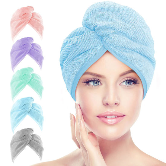 Picture of AIDEA Microfiber Hair Towel Wrap, 5 Pack Hair Turbans, Super Absorbent Quick Dry Hair Towel Wrap for All Hair Types Anti Frizz, 26"×10"