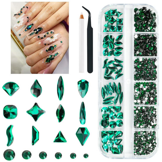 Picture of qiipii Green Nail Rhinestones Multi Shapes Emerald Green Rhinestones for Nails Flatback Nail Big Gems K9 Glass Round Beads Stones Diamonds Nail Charms Art for Nails Faces Eyes Crafts DIY