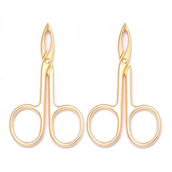Picture of Motanar 2 Pieces Tweezers Scissor Handle Straight Tip Scissor Shaped Eyebrows Tweezers for Hair Plucker Remover Facial Hair Eyebrows Care (Golden)
