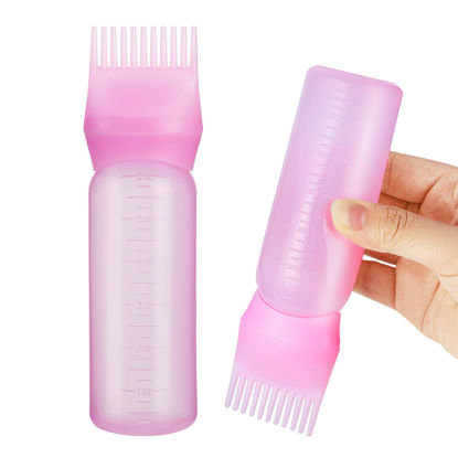 Picture of Pimoys Root Comb Applicator Bottle 6 Ounce, Oil Applicator for Hair Dye, Hair Oiling Bottle Brush with Graduated Scale, Pink