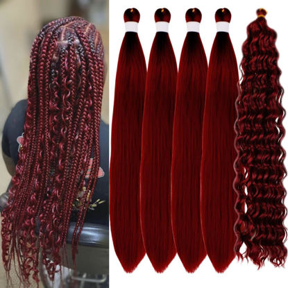 Picture of Gozill Dark Red Braiding Hair Pre stretched Burgundy Boho Braids Kanekalon Prestretched Braiding Hair for Bohemian Hair Ez Braid Micro Braiding Hair Synthetic Curly Deep Wave Braids