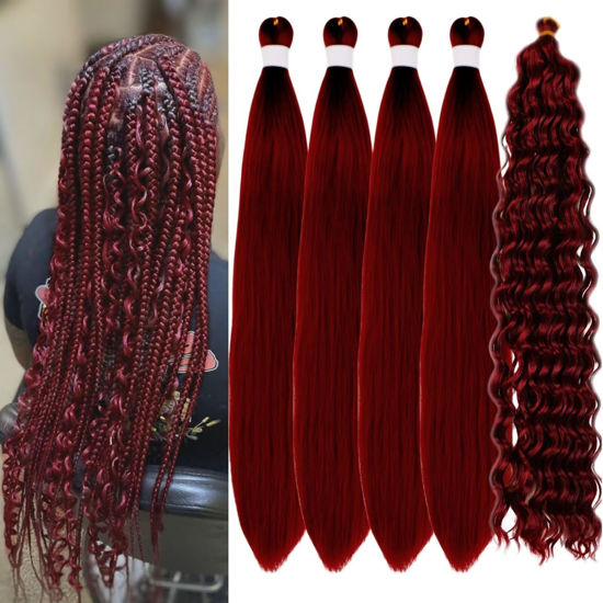 Picture of Gozill Dark Red Braiding Hair Pre stretched Burgundy Boho Braids Kanekalon Prestretched Braiding Hair for Bohemian Hair Ez Braid Micro Braiding Hair Synthetic Curly Deep Wave Braids